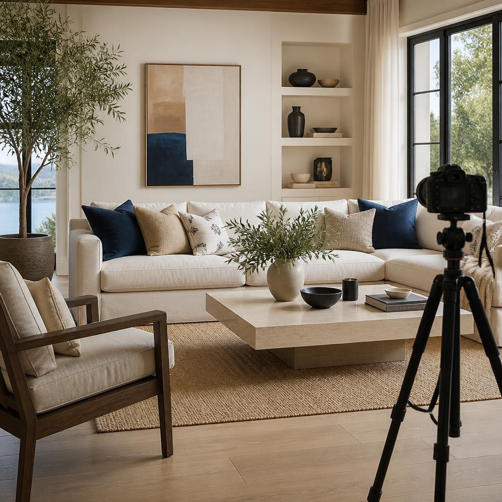 Professionell gestyltes Wohnzimmer beim Fotoshooting